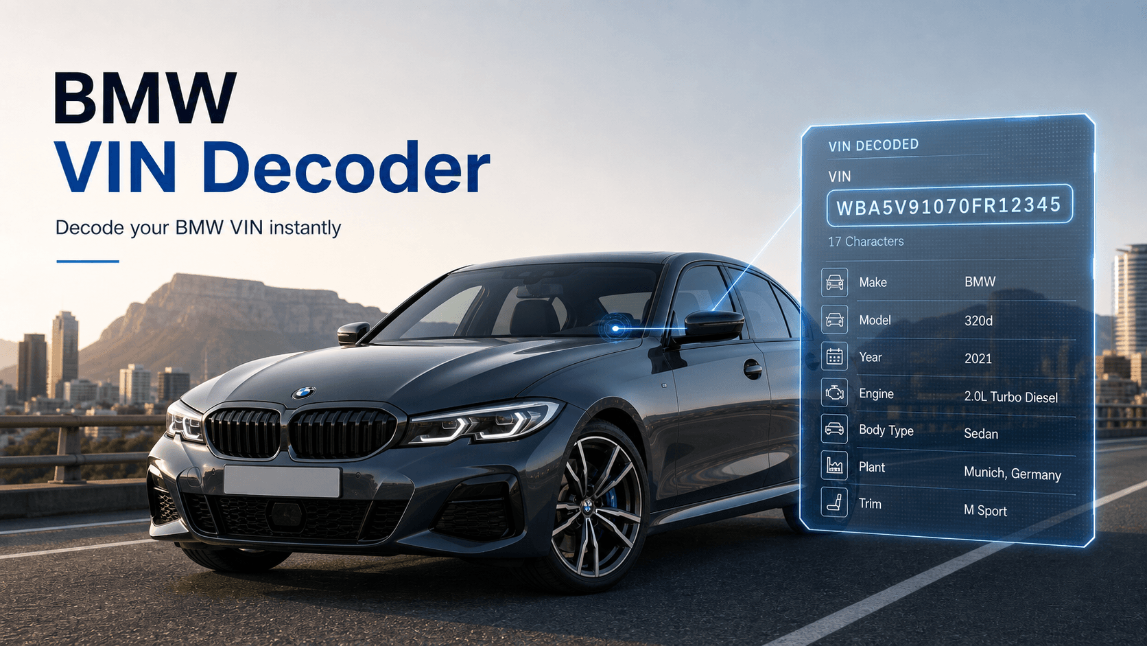 BMW VIN decoder showing a BMW vehicle with decoded VIN and specification details