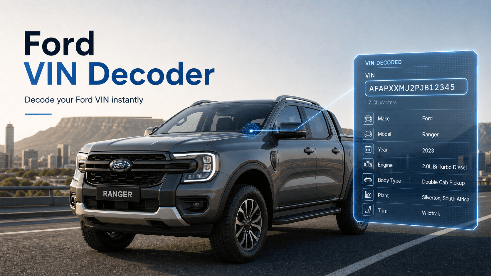 Ford VIN decoder showing a Ford Ranger with decoded VIN details