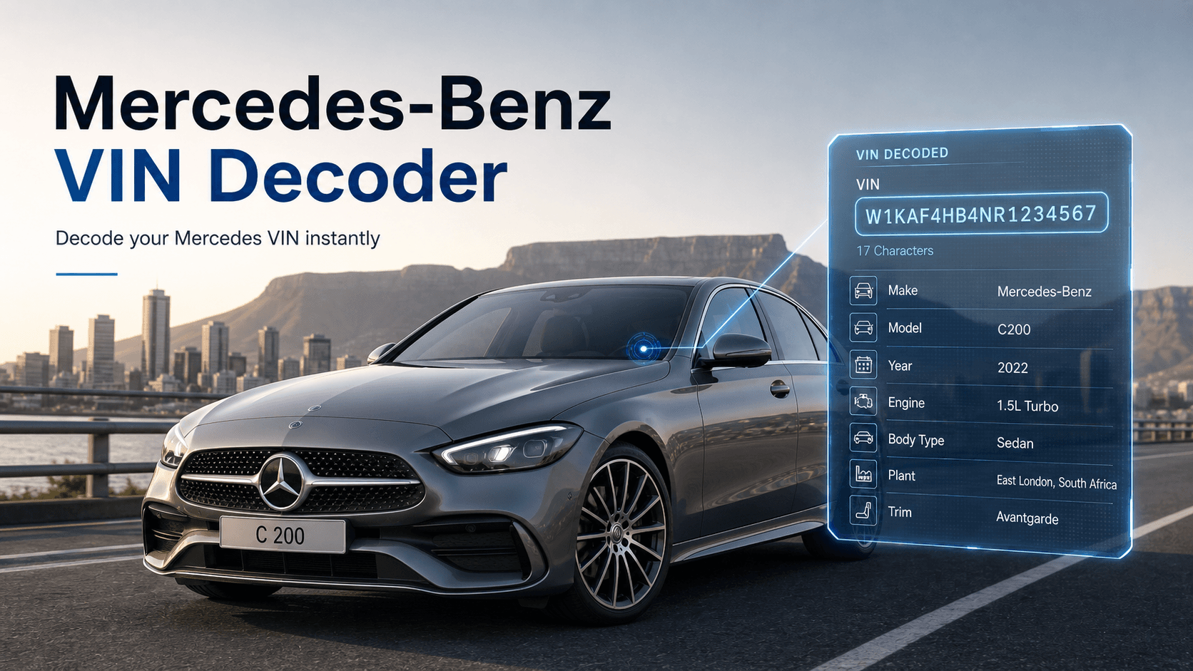 Mercedes-Benz VIN decoder showing a Mercedes vehicle with decoded VIN details