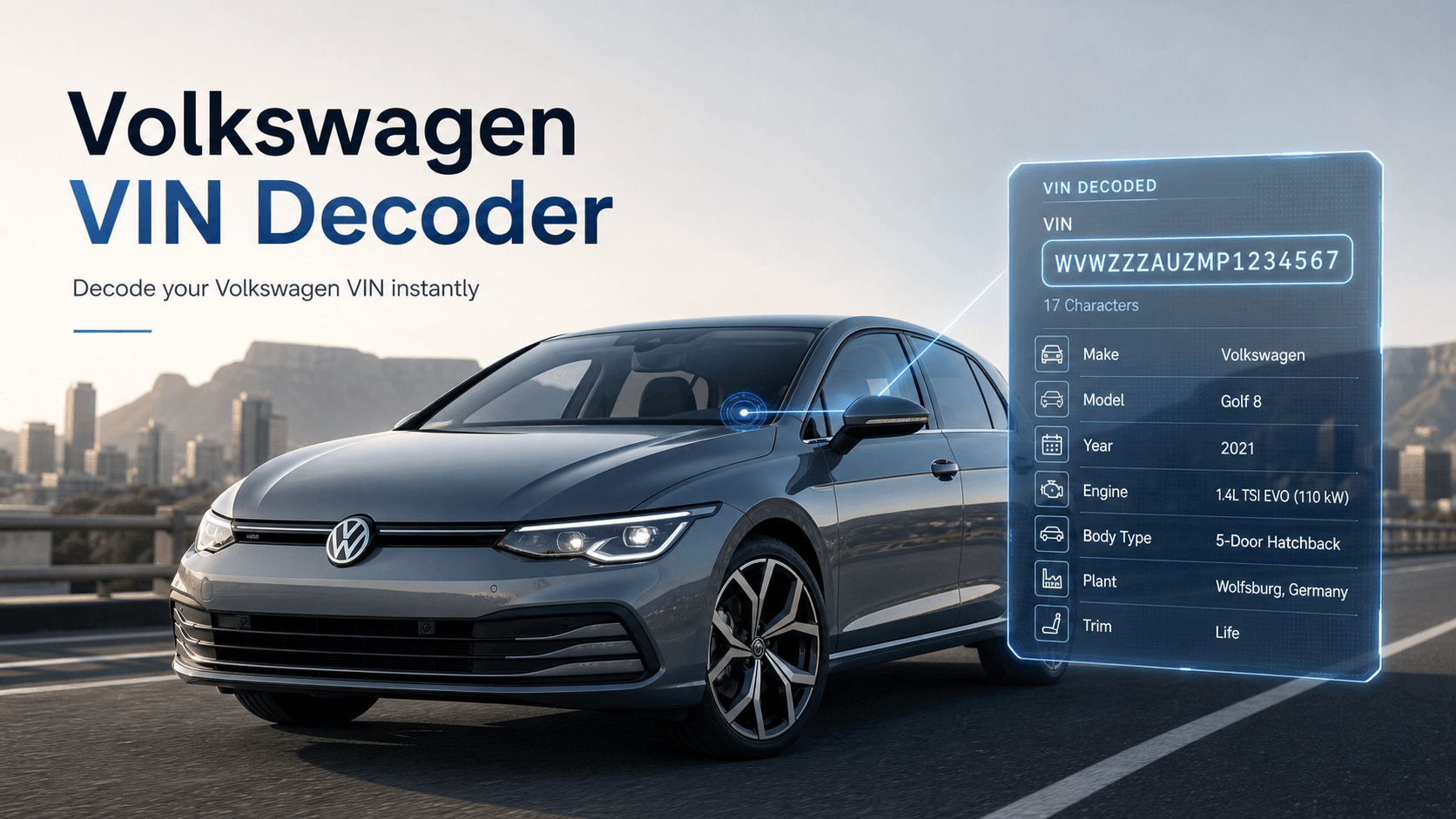 Volkswagen VIN decoder showing a VW vehicle with decoded VIN details